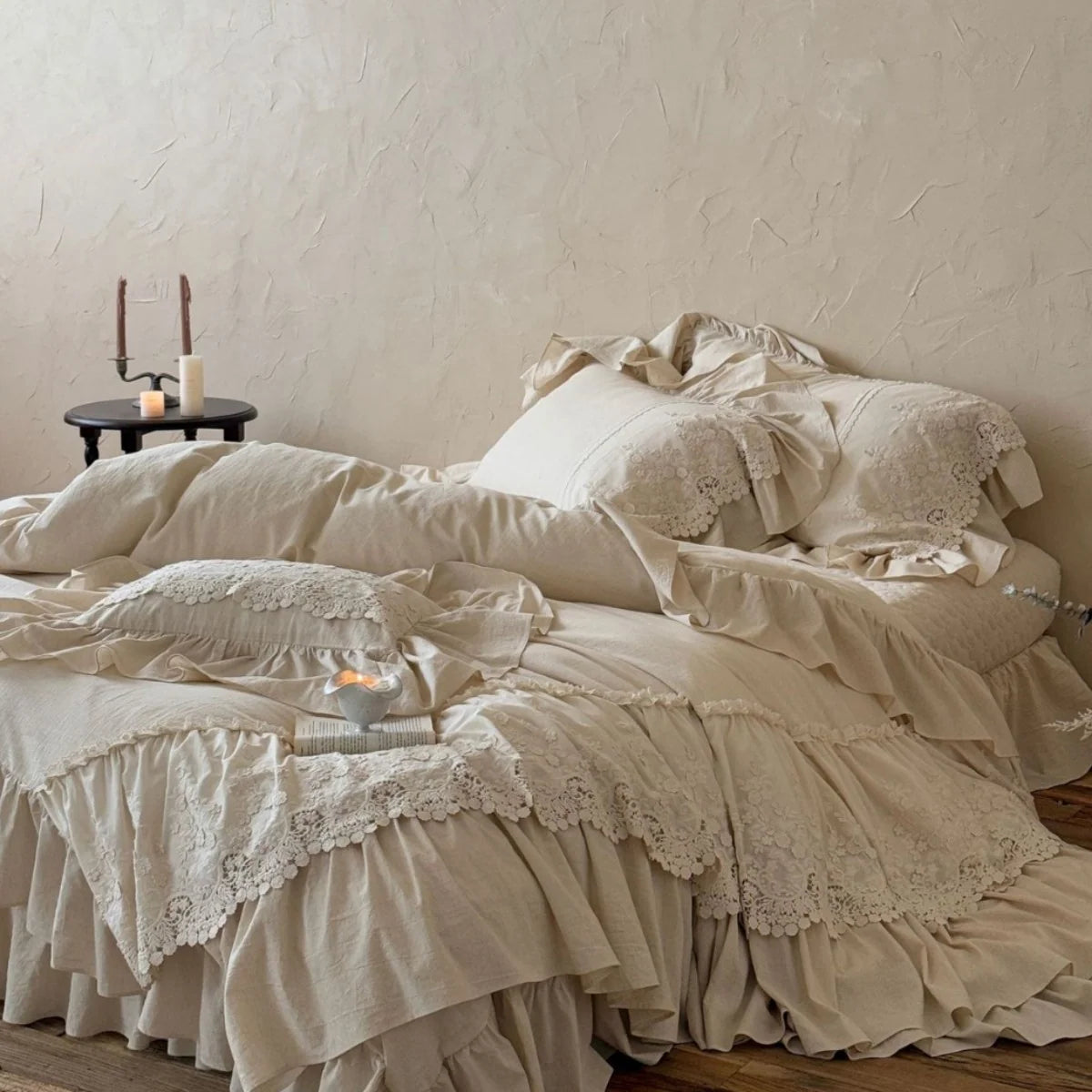 Duvet Cover Set Cotton-Linen Blend Ruffles & Lace Embroidery