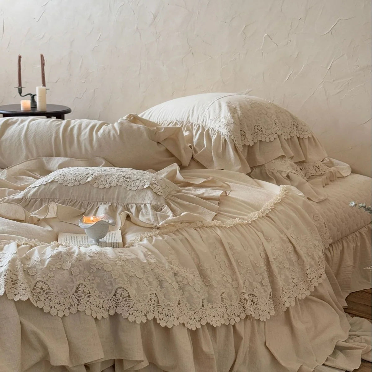 Duvet Cover Set Cotton-Linen Blend Ruffles & Lace Embroidery
