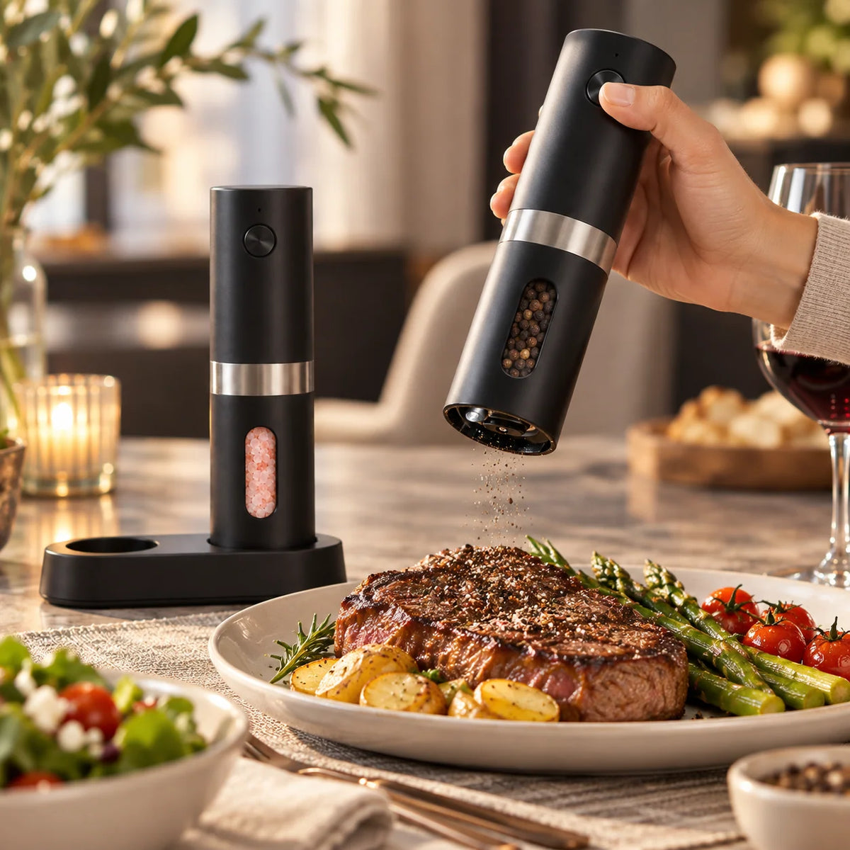 Electric Salt and Pepper Mill Set Rechargeable Adjustable Grind LED Light With Charging Base