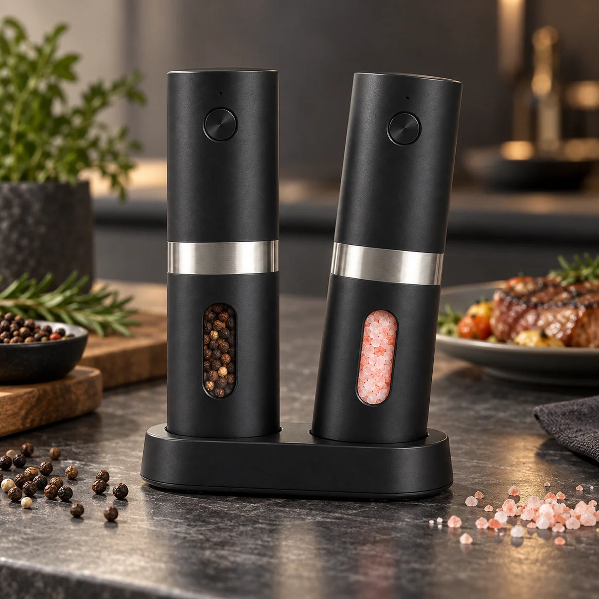 Electric Salt and Pepper Mill Set Rechargeable Adjustable Grind LED Light With Charging Base