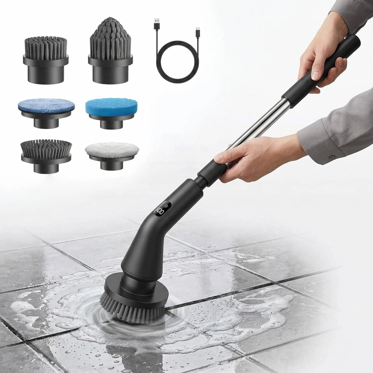 Electric Spin Scrubber Cordless Extendable Handle Seven Brush Heads