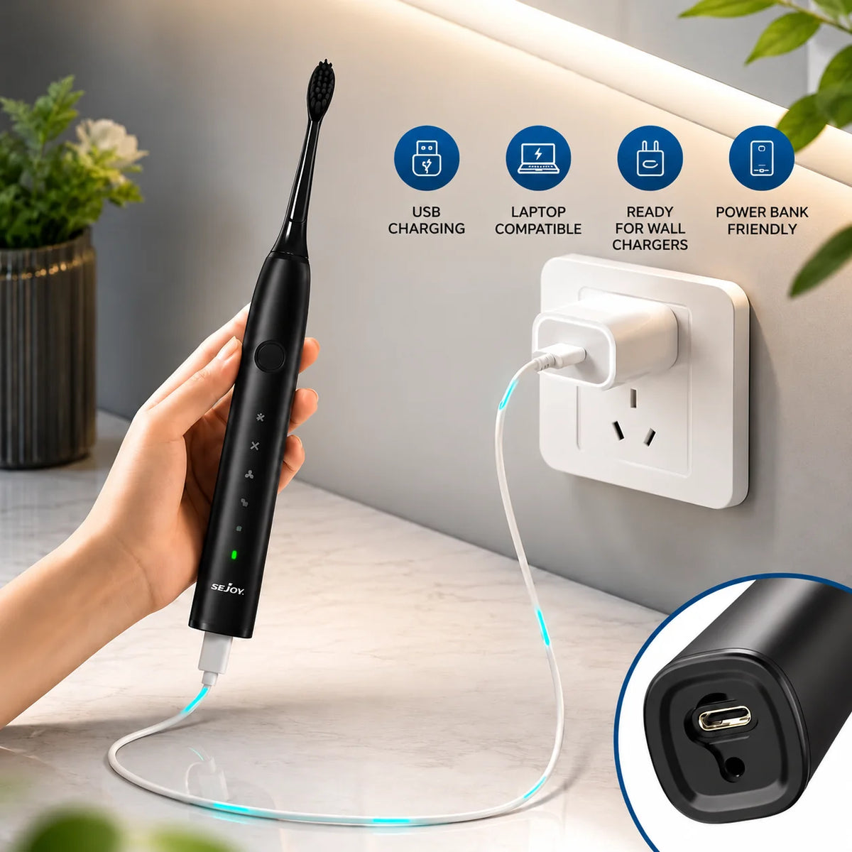 Electric Toothbrush Quiet Sonic USB Rechargeable 8 Replacement Heads