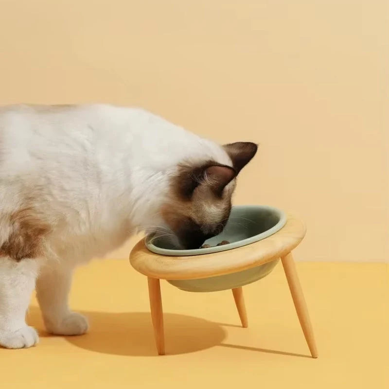 Elevated Cat Bowl Adjustable Height Ceramic Oak Wood Stand