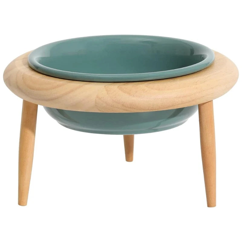 Elevated Cat Bowl Adjustable Height Ceramic Oak Wood Stand