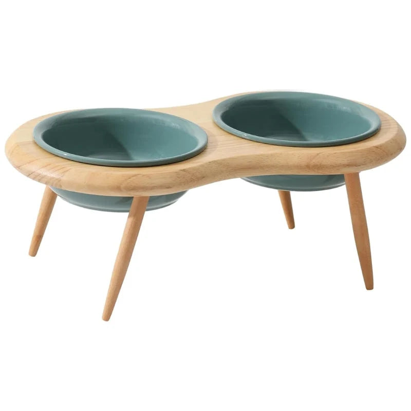 Elevated Cat Bowl Adjustable Height Ceramic Oak Wood Stand