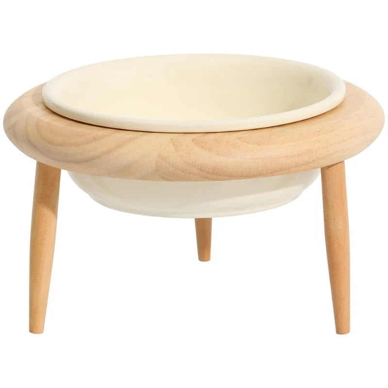 Elevated Cat Bowl Adjustable Height Ceramic Oak Wood Stand