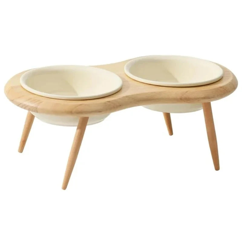 Elevated Cat Bowl Adjustable Height Ceramic Oak Wood Stand