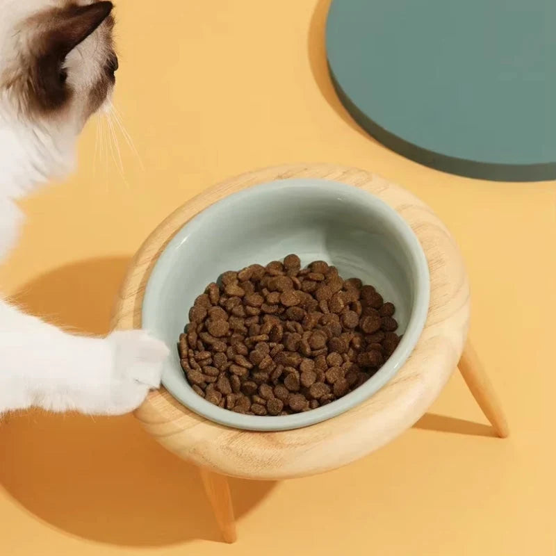 Elevated Cat Bowl Adjustable Height Ceramic Oak Wood Stand