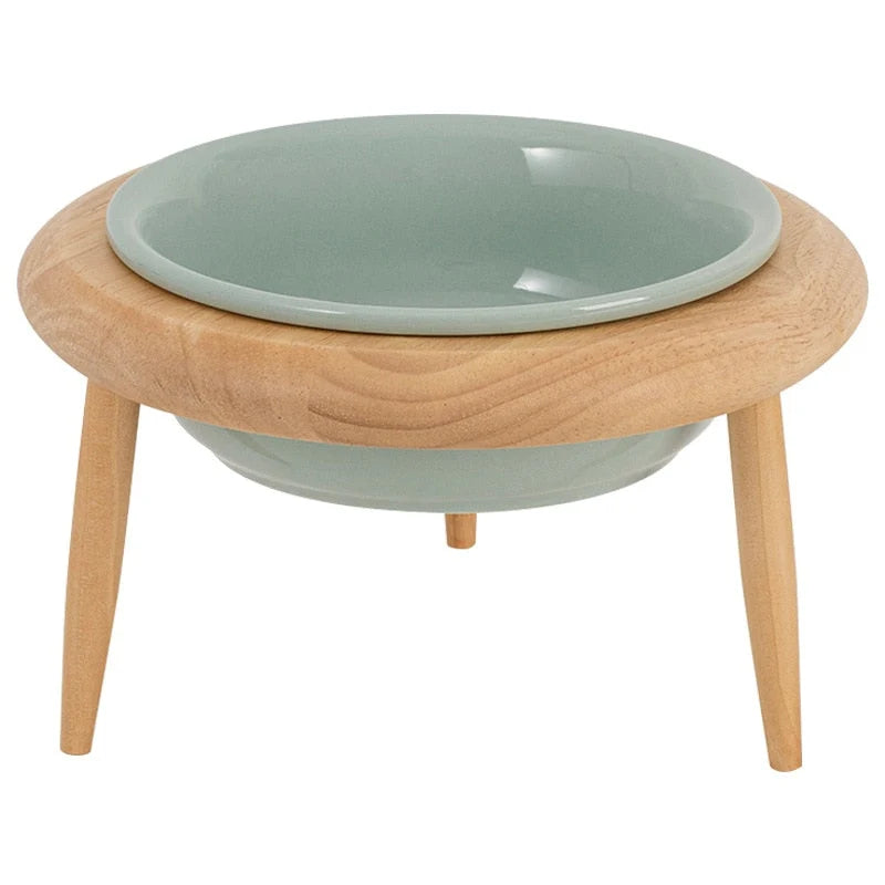 Elevated Cat Bowl Adjustable Height Ceramic Oak Wood Stand