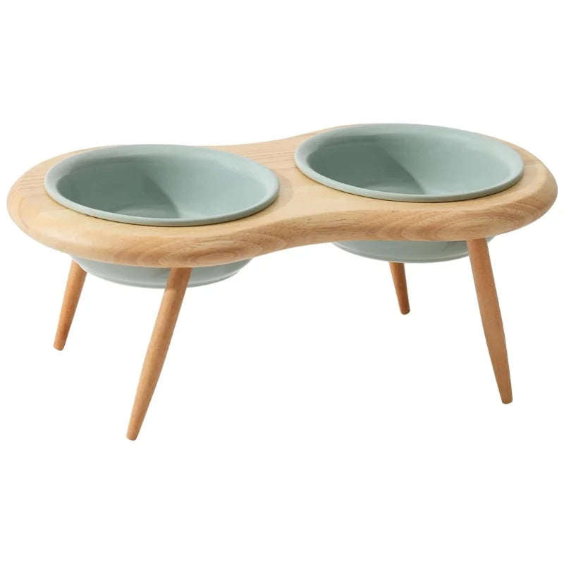 Elevated Cat Bowl Adjustable Height Ceramic Oak Wood Stand