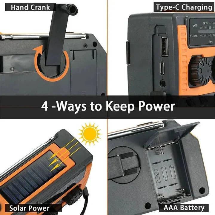 Emergency Weather Radio Solar & Hand Crank Charging 5000mAh Battery USB Phone Charger
