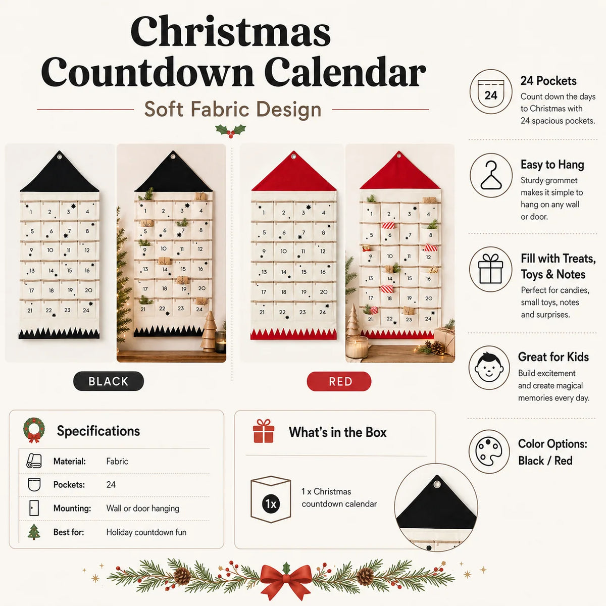 Fabric Advent Calendar 24 Numbered Pockets Reusable