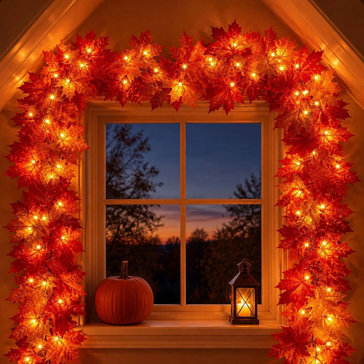 Fall Garland with 50 Orange Lights 9 Ft IP44 Rated