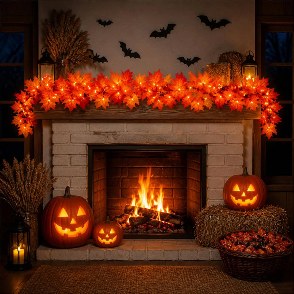 Fall Garland with 50 Orange Lights 9 Ft IP44 Rated