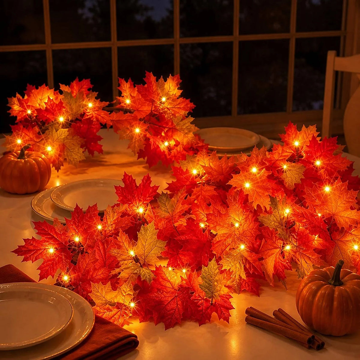 Fall Garland with 50 Orange Lights 9 Ft IP44 Rated