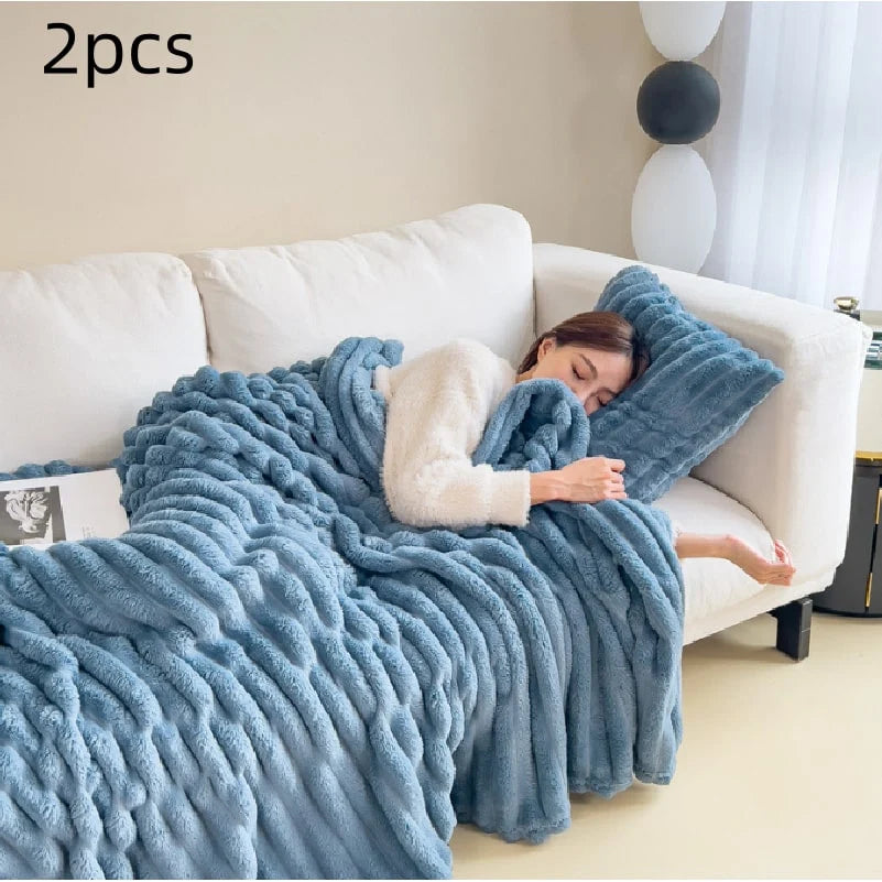 Faux Fur Throw Blanket Double-Sided Plush Matching Pillowcase Included