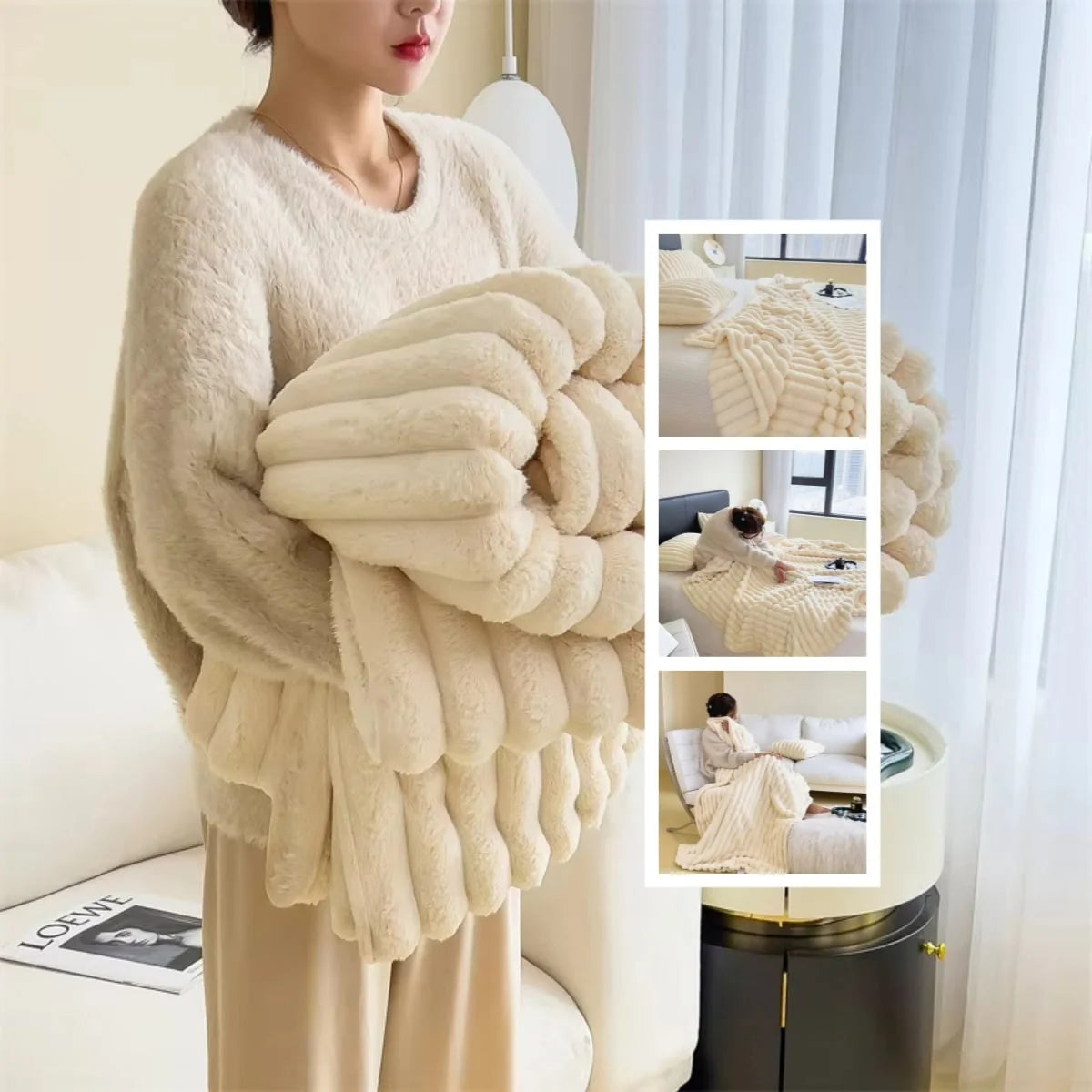 Faux Fur Throw Blanket Double-Sided Plush Matching Pillowcase Included