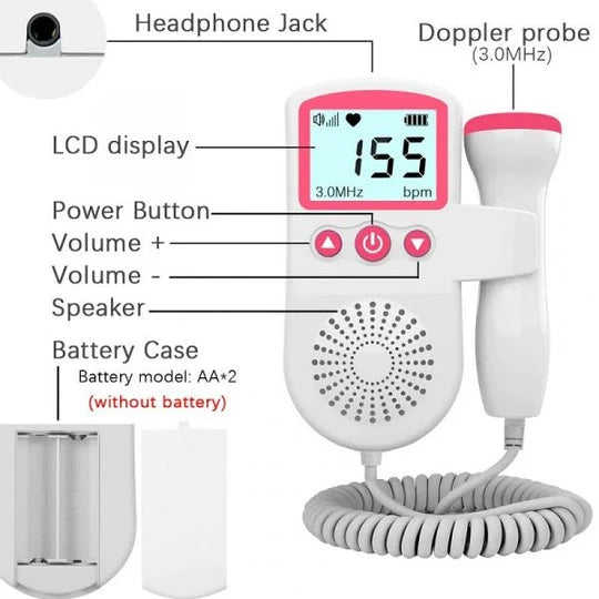 Fetal Doppler Monitor Portable LCD Heart Rate Display Ultrasound Sensor