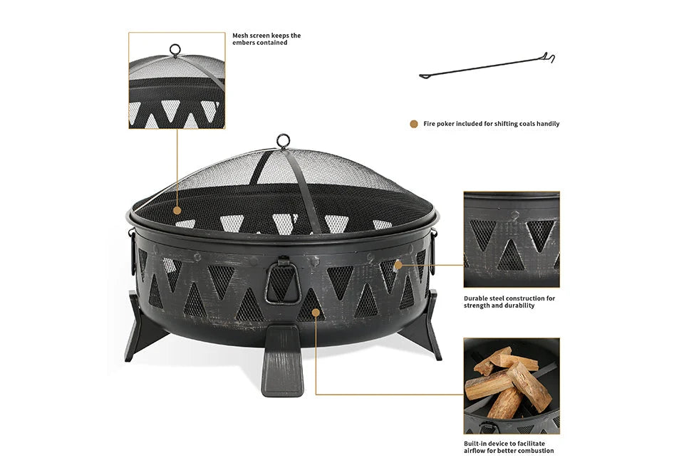 Fire Pit 30-Inch Steel Wood-Burning With Spark Screen
