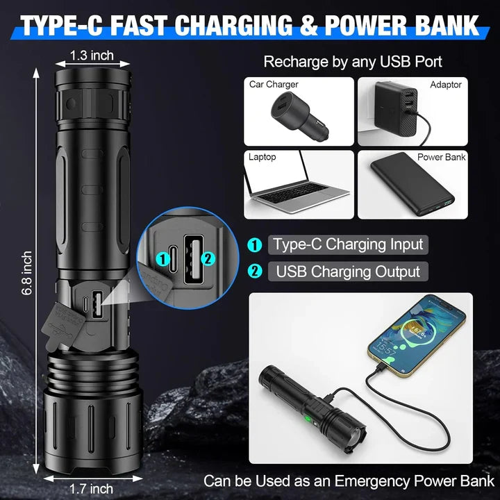 Flashlight Adjustable Focus LCD Battery Display USB-C Power Bank