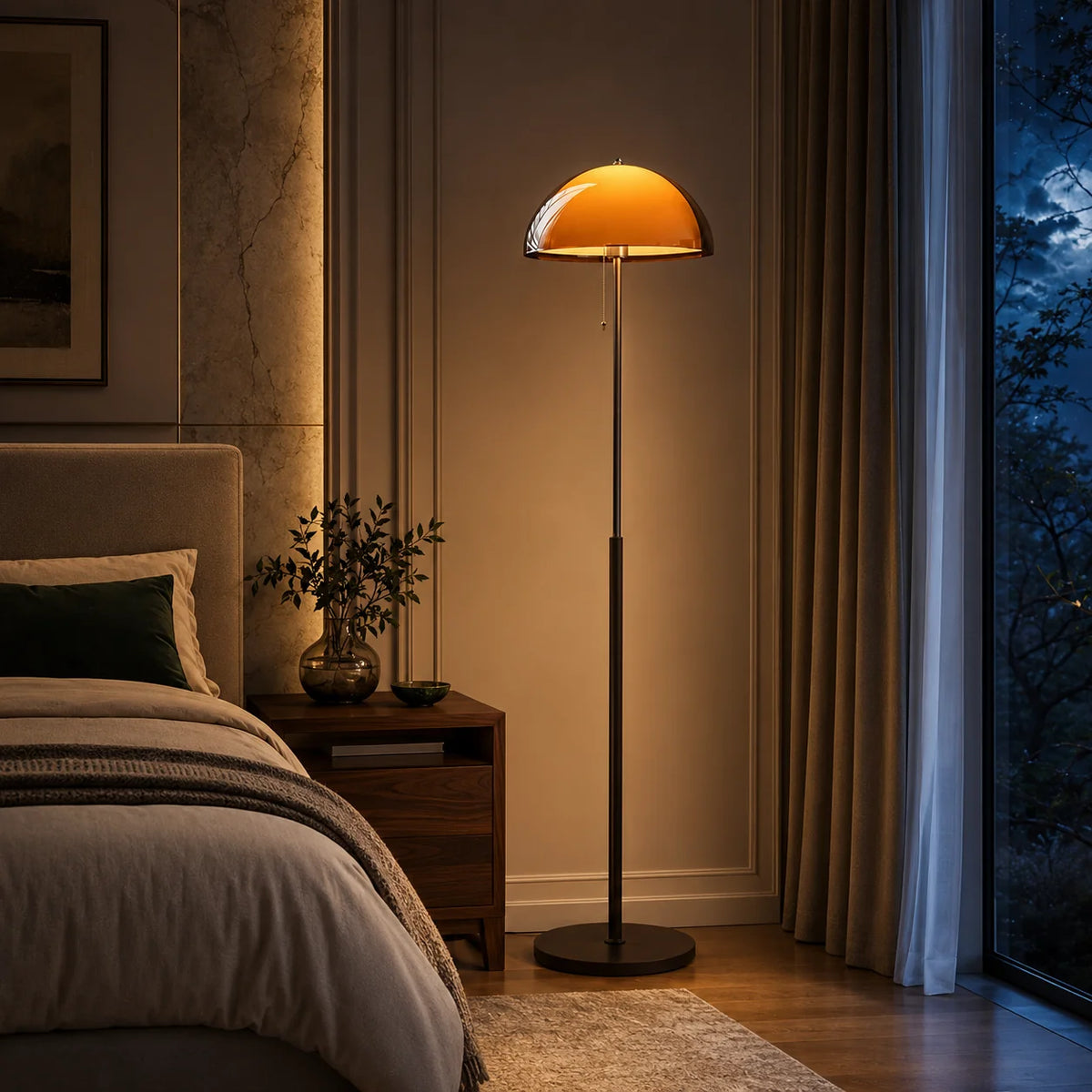 Floor Lamp Amber Acrylic Dome Wood-Tone Metal Base