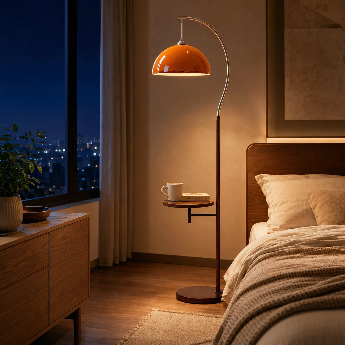 Floor Lamp Amber Acrylic Dome Wood-Tone Metal Base