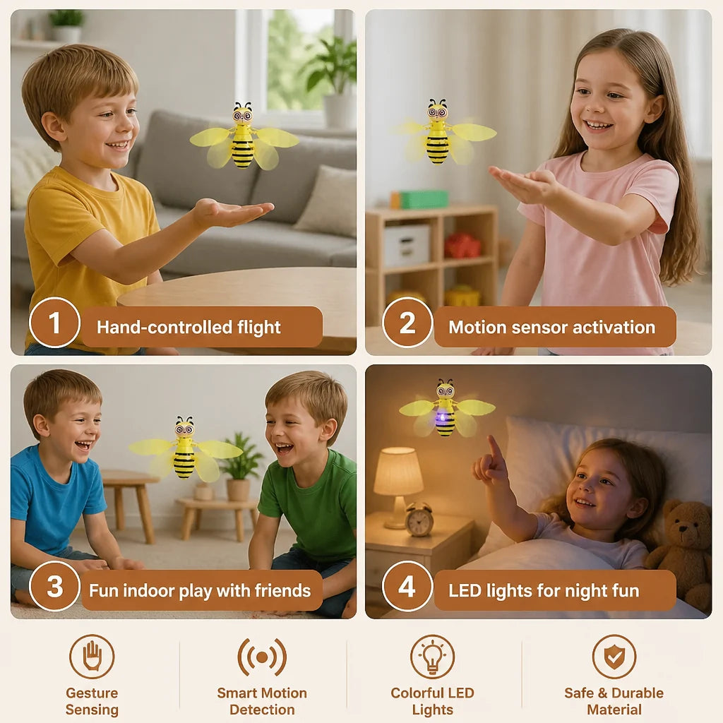 Flying Bee Toy Motion Sensor Control LED Lights & Obstacle Detection