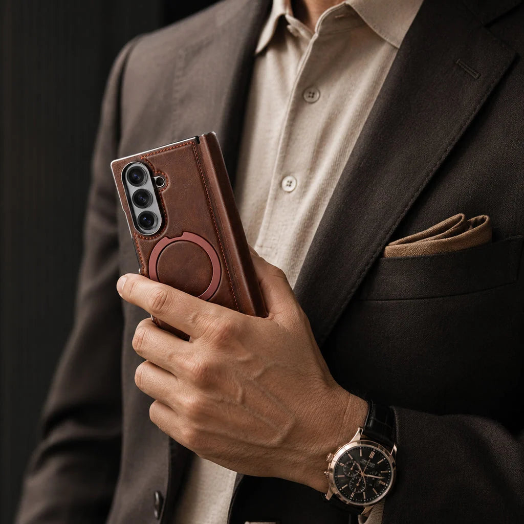 Foldable Phone Case Italian Leather Hinge Coverage Rotating Kickstand