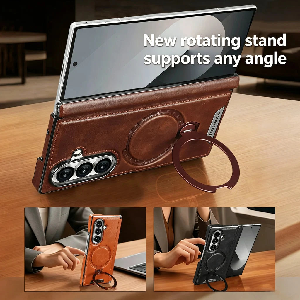 Foldable Phone Case Italian Leather Hinge Coverage Rotating Kickstand