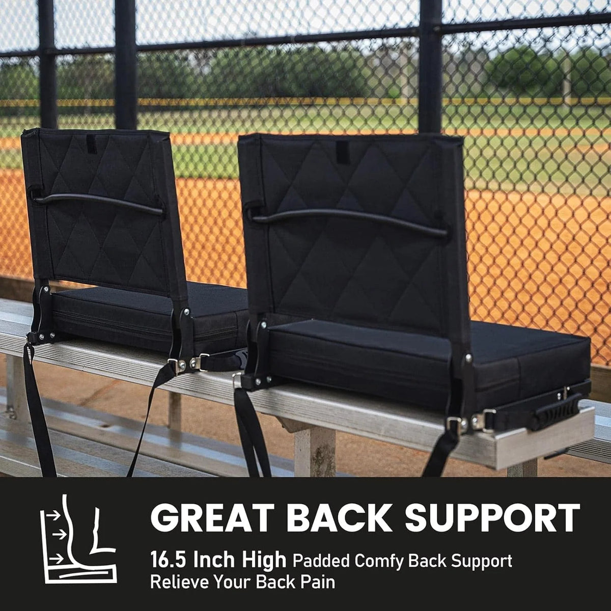 Folding Stadium Seat Angled Back Support Compact Design Adjustable Strap