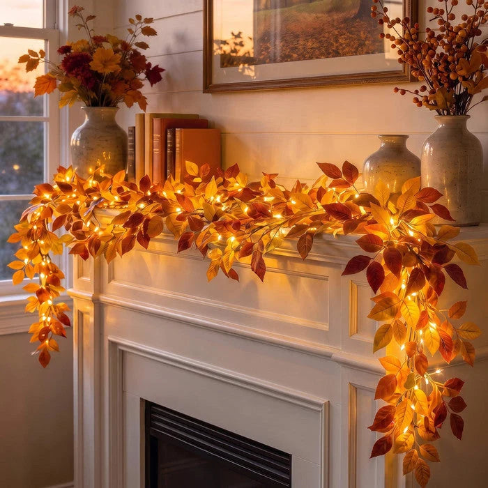 Foliage Garland Warm Golden Lights Battery-Powered 6 Feet