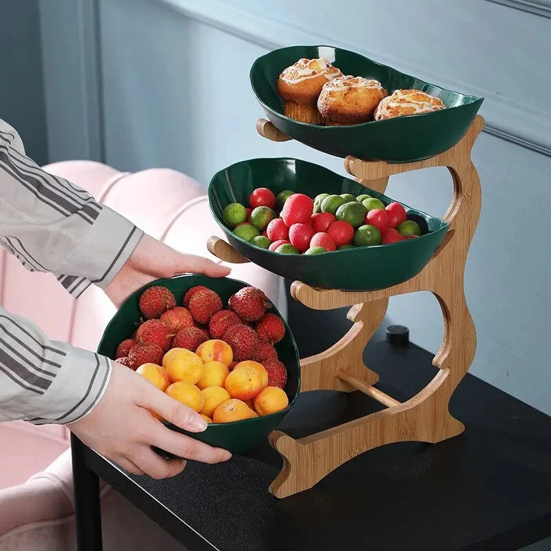 Fruit Bowl Tiered Bamboo Frame Removable Oval Bowls