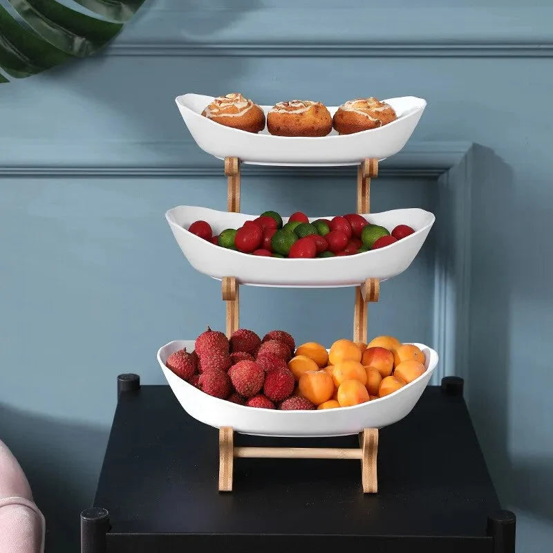 Fruit Bowl Tiered Bamboo Frame Removable Oval Bowls