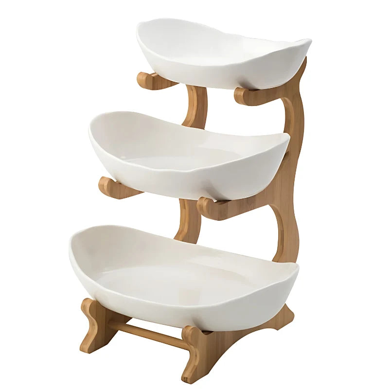 Fruit Bowl Tiered Bamboo Frame Removable Oval Bowls