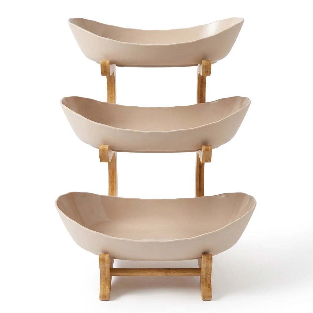 Fruit Bowl Tiered Bamboo Frame Removable Oval Bowls