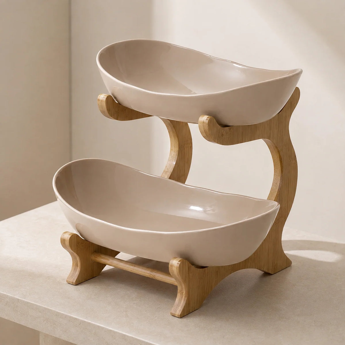 Fruit Bowl Tiered Bamboo Frame Removable Oval Bowls