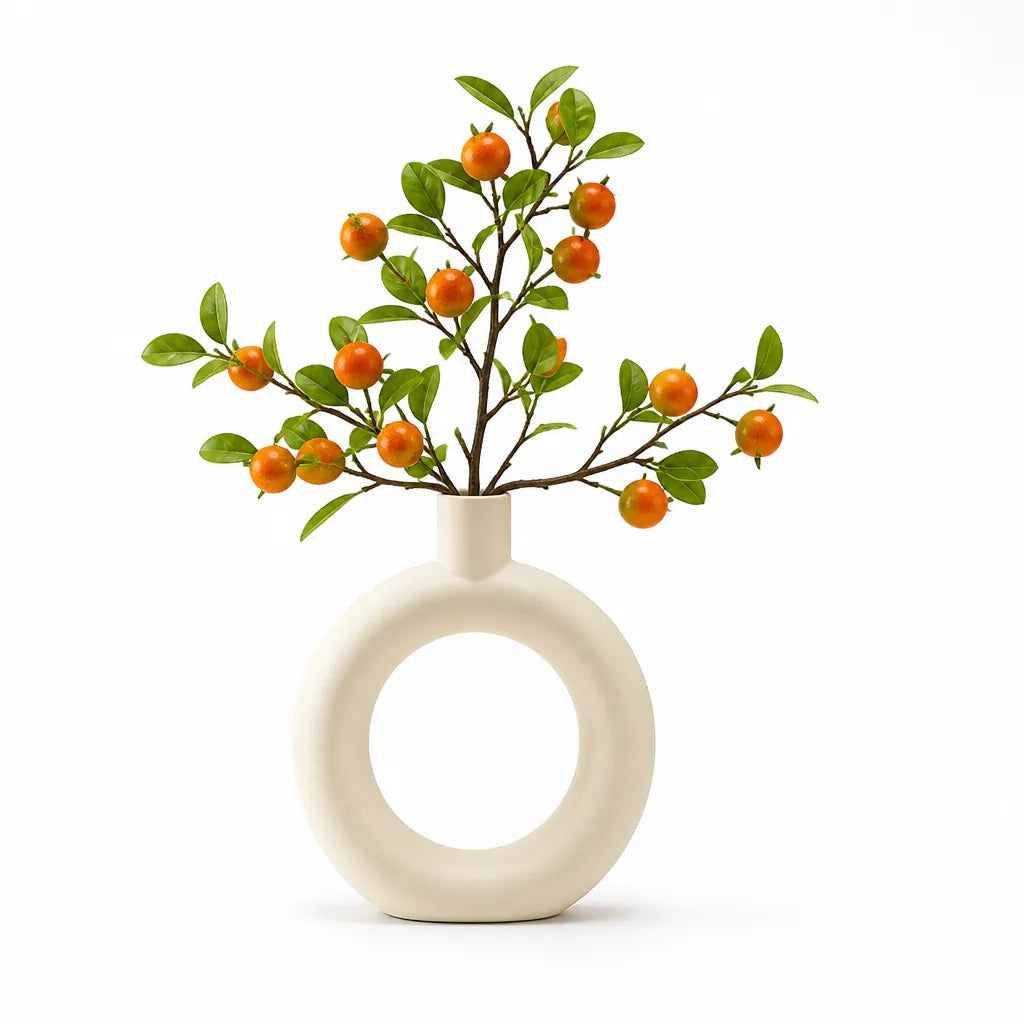 Fruit Branch Arrangement Lifelike Orange Accents Glass Vase