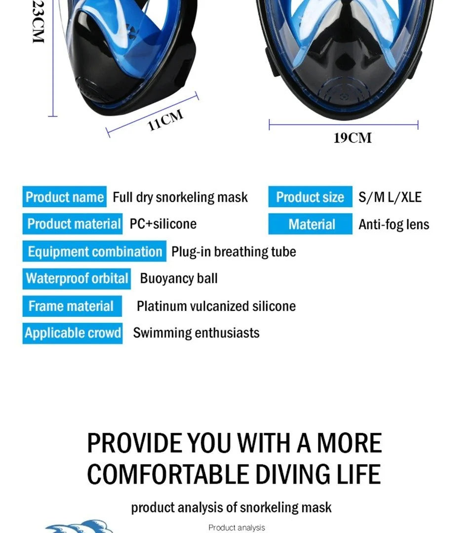 Full Face Snorkel Mask 180° Wide View Camera Mount