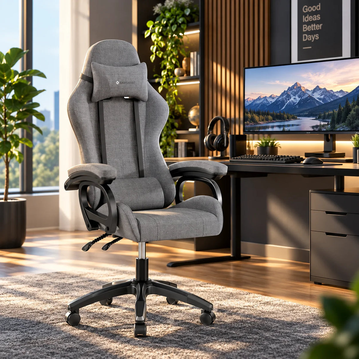 Gaming Chair Height Adjustable Lumbar & Neck Pillows