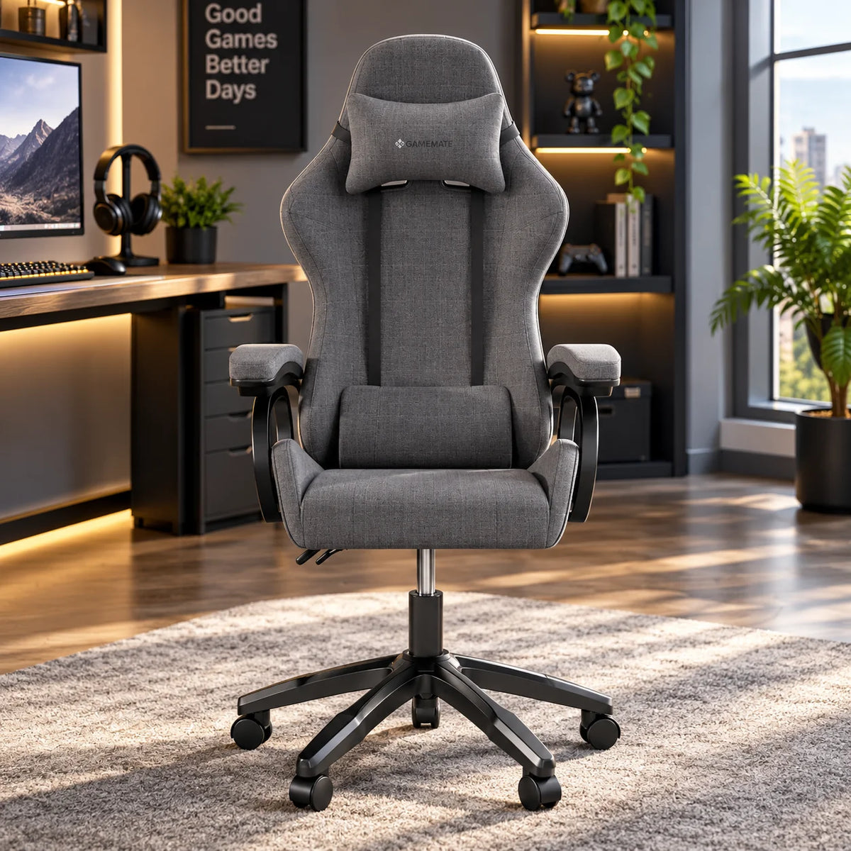 Gaming Chair Height Adjustable Lumbar & Neck Pillows