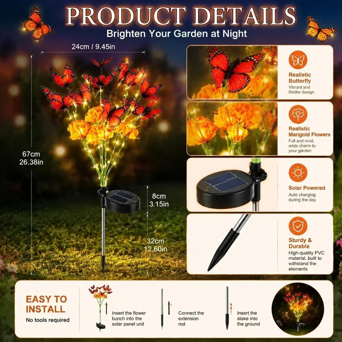 Garden Stake Light Solar-Powered Butterfly & Flower Design