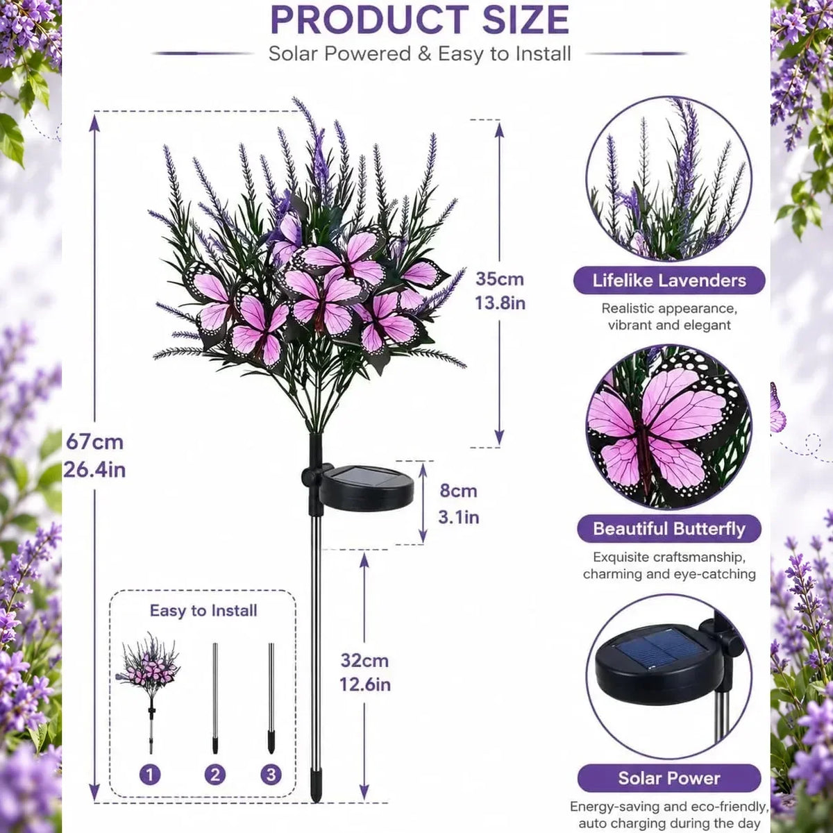 Garden Stake Light Solar-Powered Butterfly & Flower Design