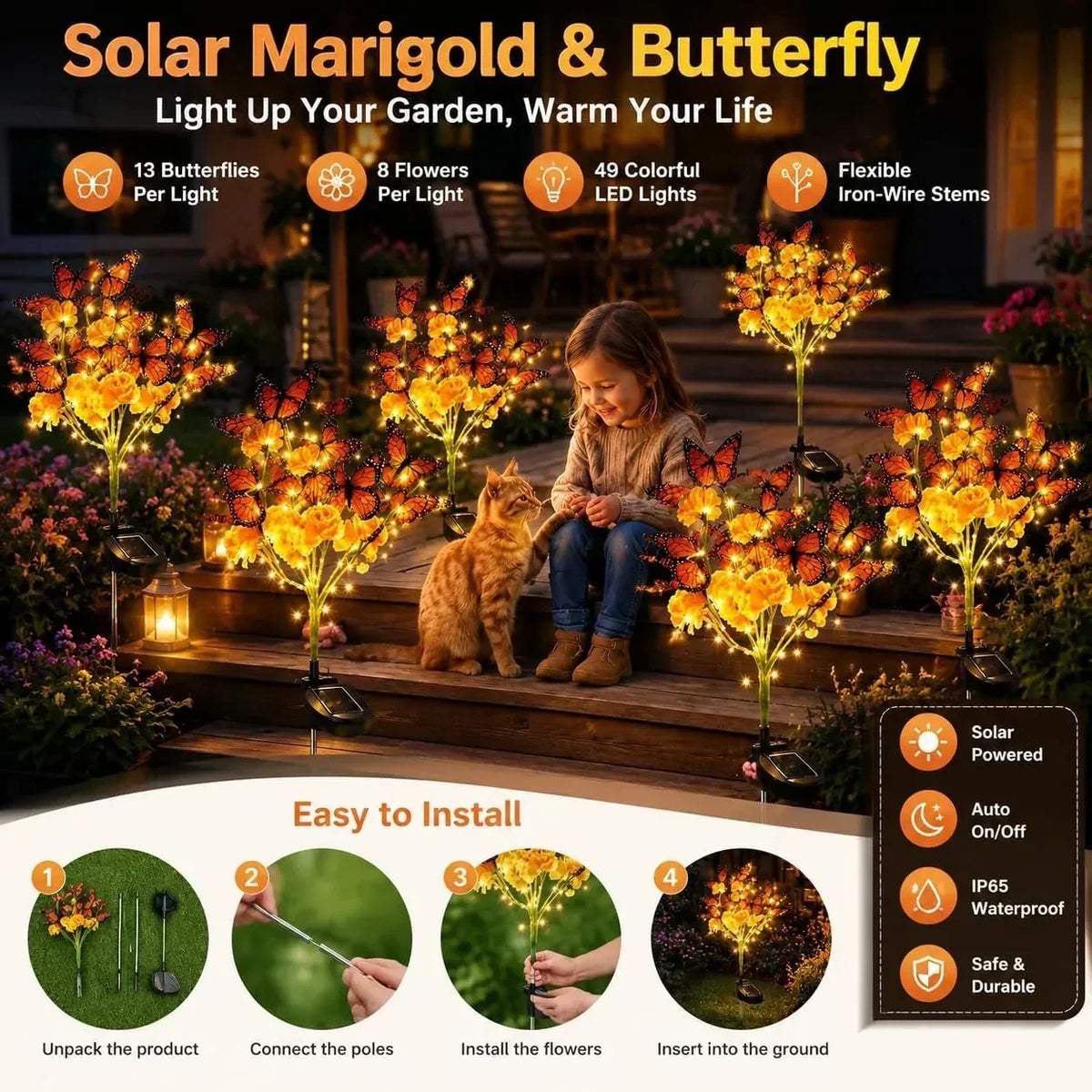 Garden Stake Light Solar-Powered Butterfly & Flower Design