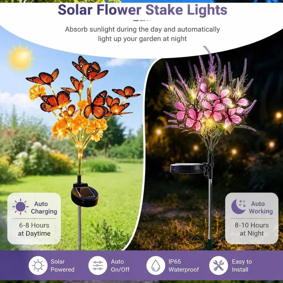 Garden Stake Light Solar-Powered Butterfly & Flower Design