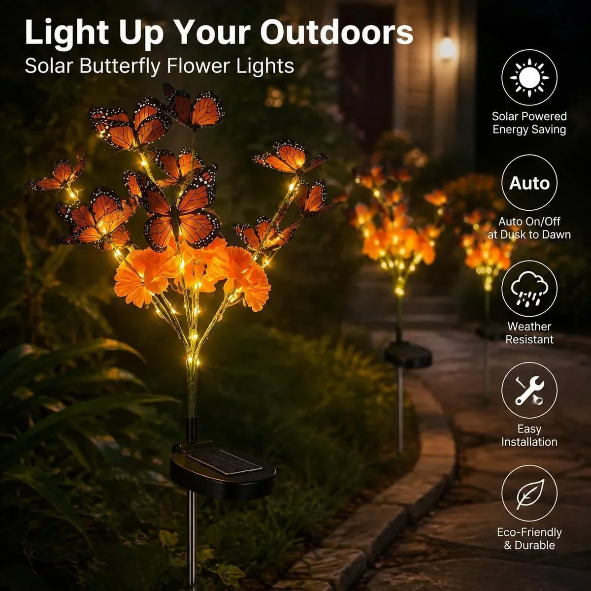 Garden Stake Light Solar-Powered Butterfly & Flower Design