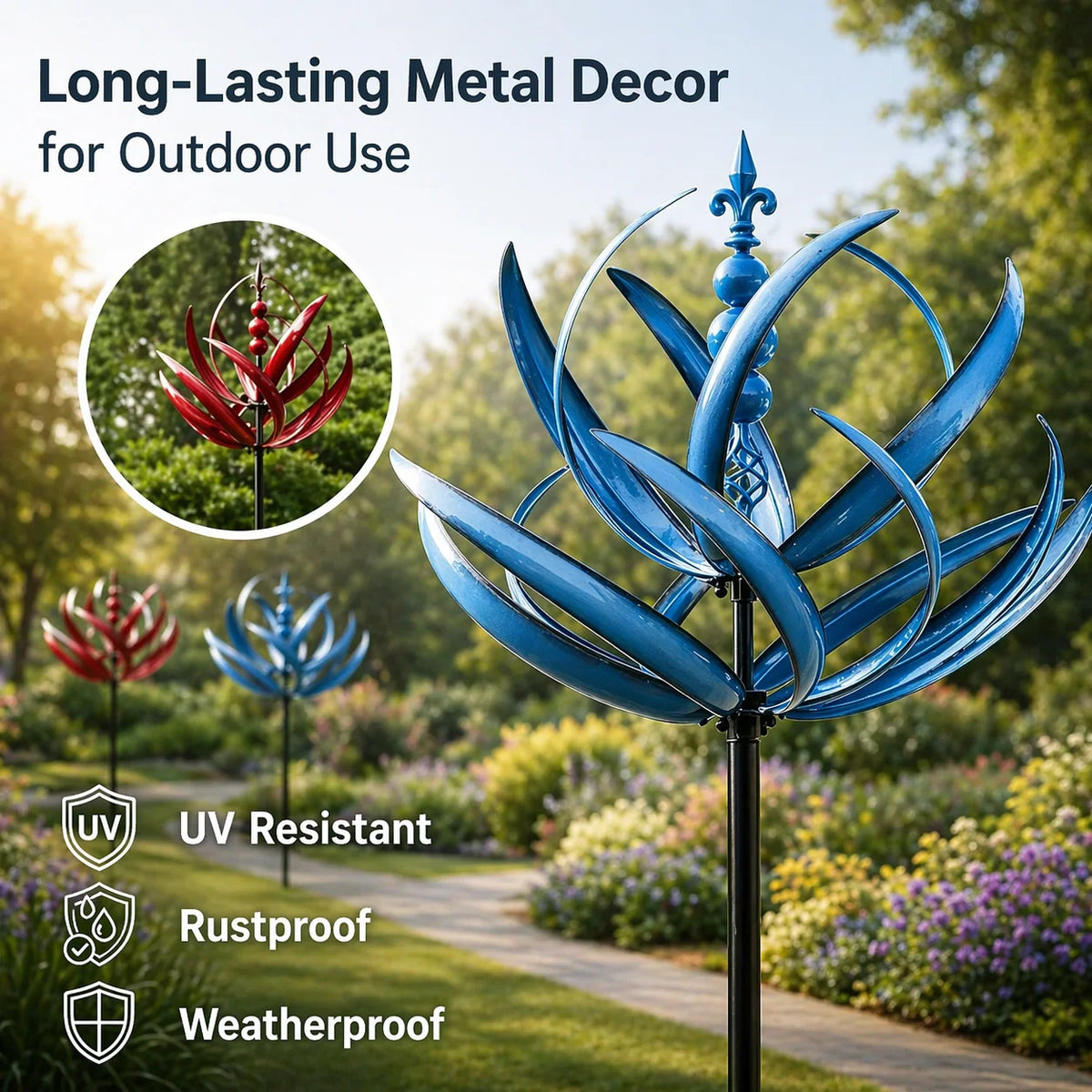 Garden Wind Spinner Metal Lotus Design 35.4-Inch