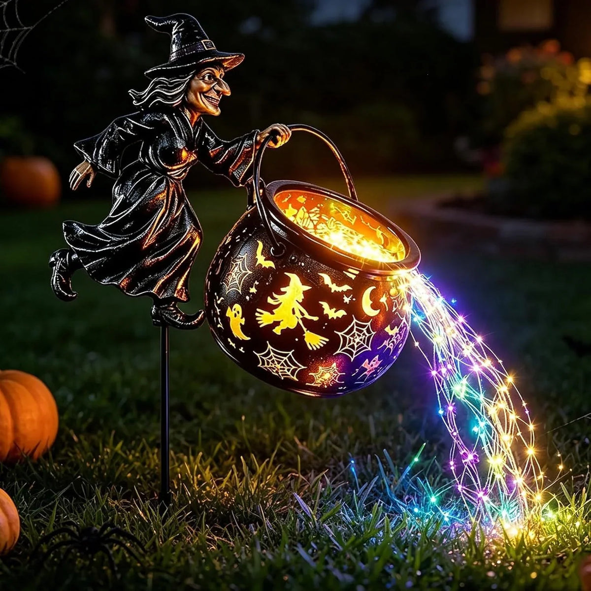 Garden Witch Figure LED-Lit Cauldron Weather-Resistant