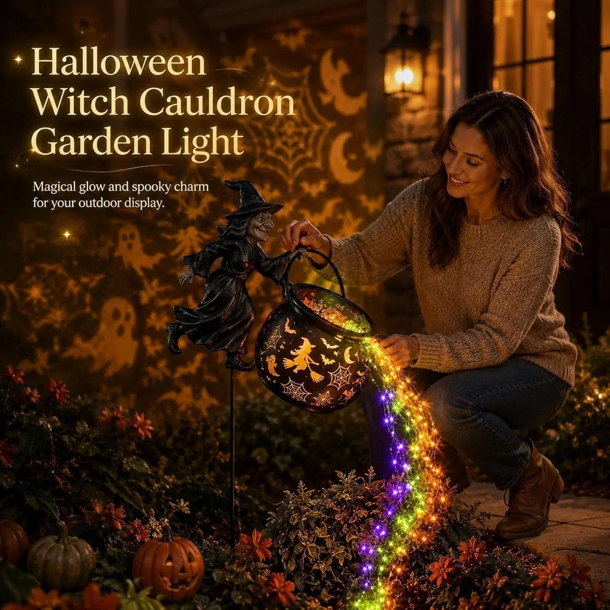 Garden Witch Figure LED-Lit Cauldron Weather-Resistant