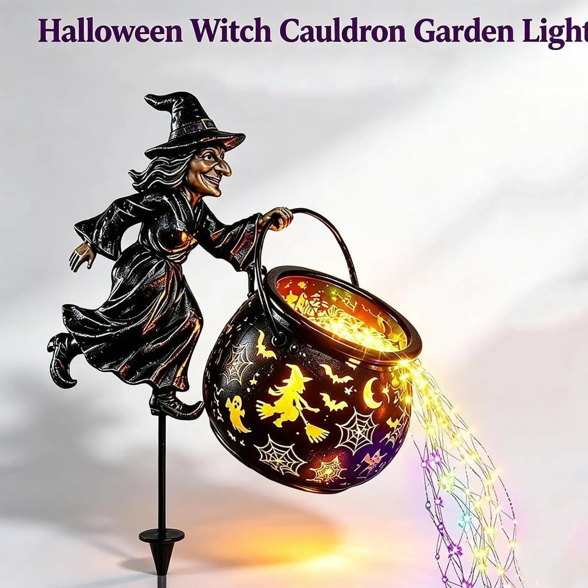 Garden Witch Figure LED-Lit Cauldron Weather-Resistant