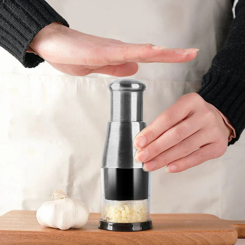 Garlic Chopper Stainless Steel Blades Enclosed Chamber Ergonomic Grip